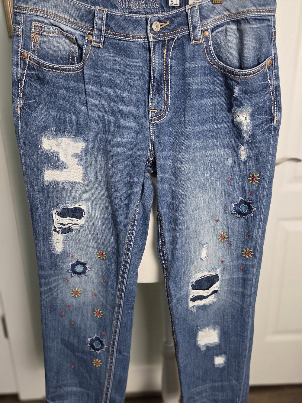 Miss Me Blue Distressed Skinny Jeans with Embroidered Flowers